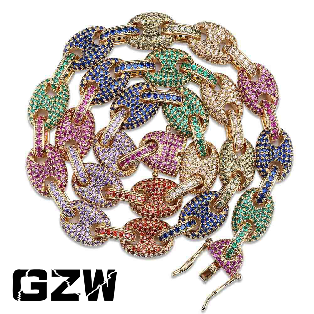 

Mens Hip Hop Rock Gold Colorful Coffee Bean Chain Necklace Choker Collier Collar 12mm Milti-Color White CZ Cubic Zirconia Jewelry for Guys