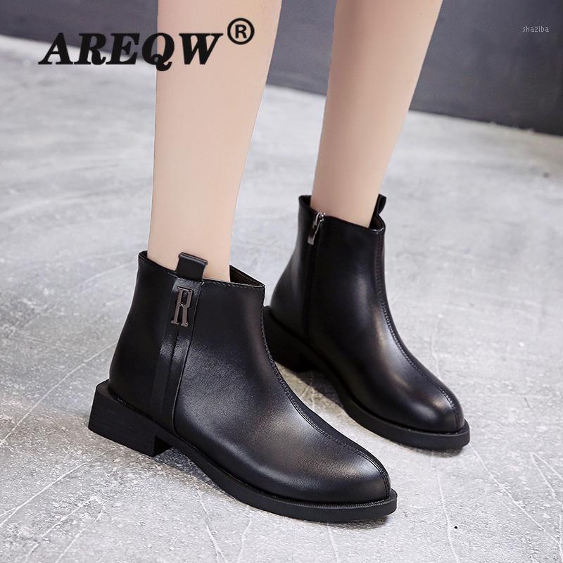 

2020 New Winter Women's Boots Fashion Zipper Square-Heel PU Ankle Boots Women's Pointed Toe Mid-heel Short Botas Mujer1, Black