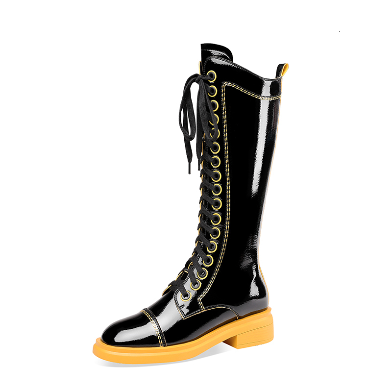 

2021 New Women Knee High Party Dancing Shoes Woman Genuine Leather Med Heels Autumn Winter Fashion Riding Boots Yzs3, Yellow
