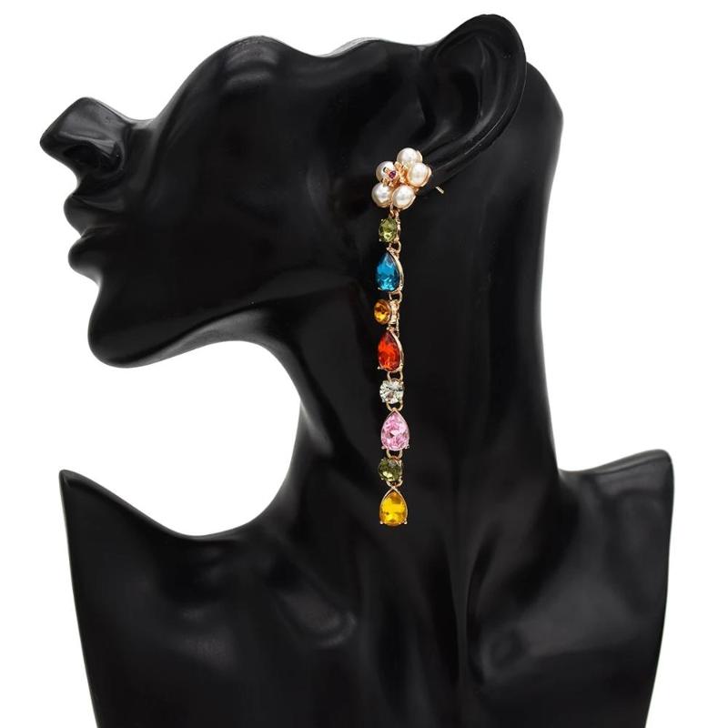 

Bohemian Iridescent Flower Long Tassel Pearl Crystal Statement Drop Earrings Bridal For Wedding Acrylic Bead Oorbellen Jewery