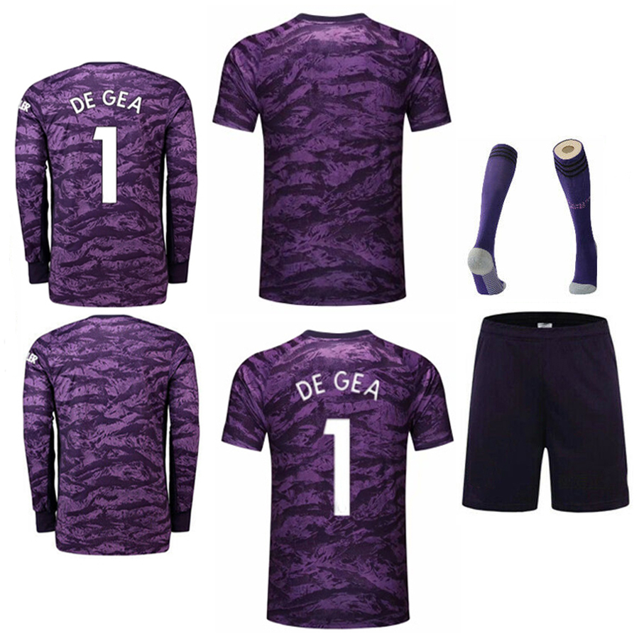 

retro soccer jersey long short sleeve football shirt 19 20 goalkeeper DE GEA 1 MAN goalie Maillot Camiseta women men kids kit sets youth adults uniform, 19-20 purple goalkeeper kit with socks