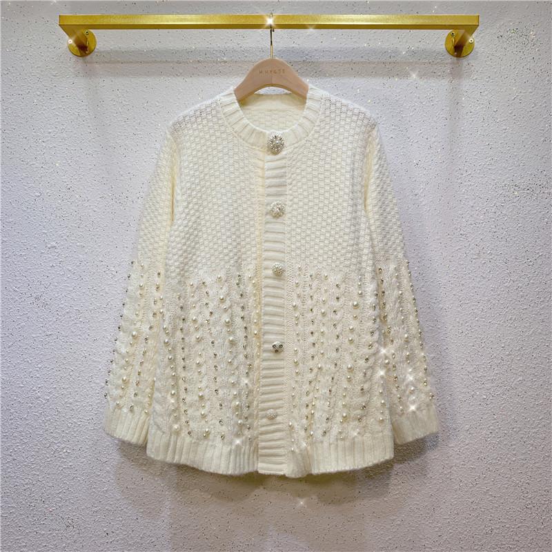 

2021 Autumn Winter New Exquisite Rhinestone Beaded Knitwear Women's Loose Pearl Buckle Knitted Cardigan Students Sweaters Coat, As shown in figure