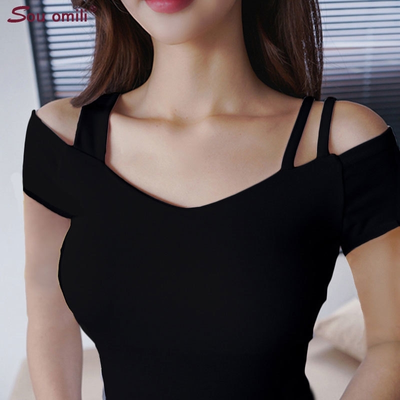 

Solid Yellow Cold Shoulder Cami Top Women Fitted tshirts Asymmetrical Tops Short Sleeve T-shirt Chemise Shirt Tops haut femme T200107, Red short sleeve