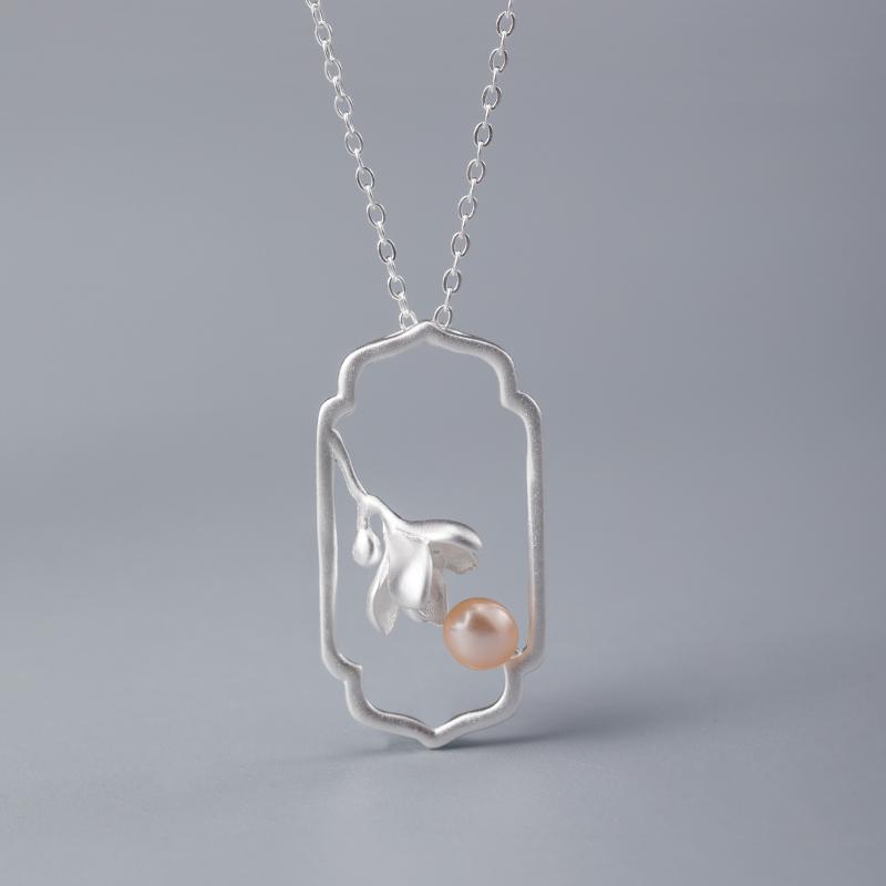

VLA 925 Silver Chinese Style Magnolia Necklace Women's Pink Pearl Flower Jewelry Elegant RETRO Art Design
