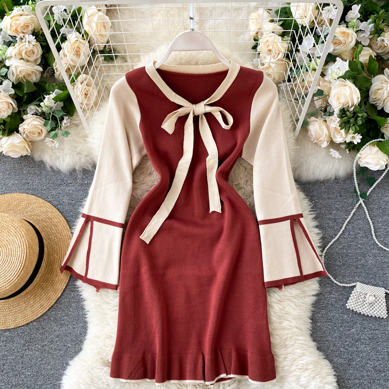 

2021 New Female in short leotard neck elastic cord sheath dress fall solid extension knitting dressed GO9E, Red