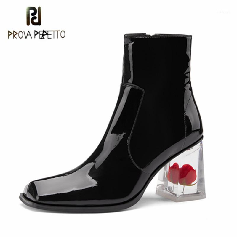 

Prova Perfetto Classics Ankle Boots For Women Leather Square Toe Back Zipper Rose Flower Crystal Heel Boots Sexy Botas Feminina1, Black