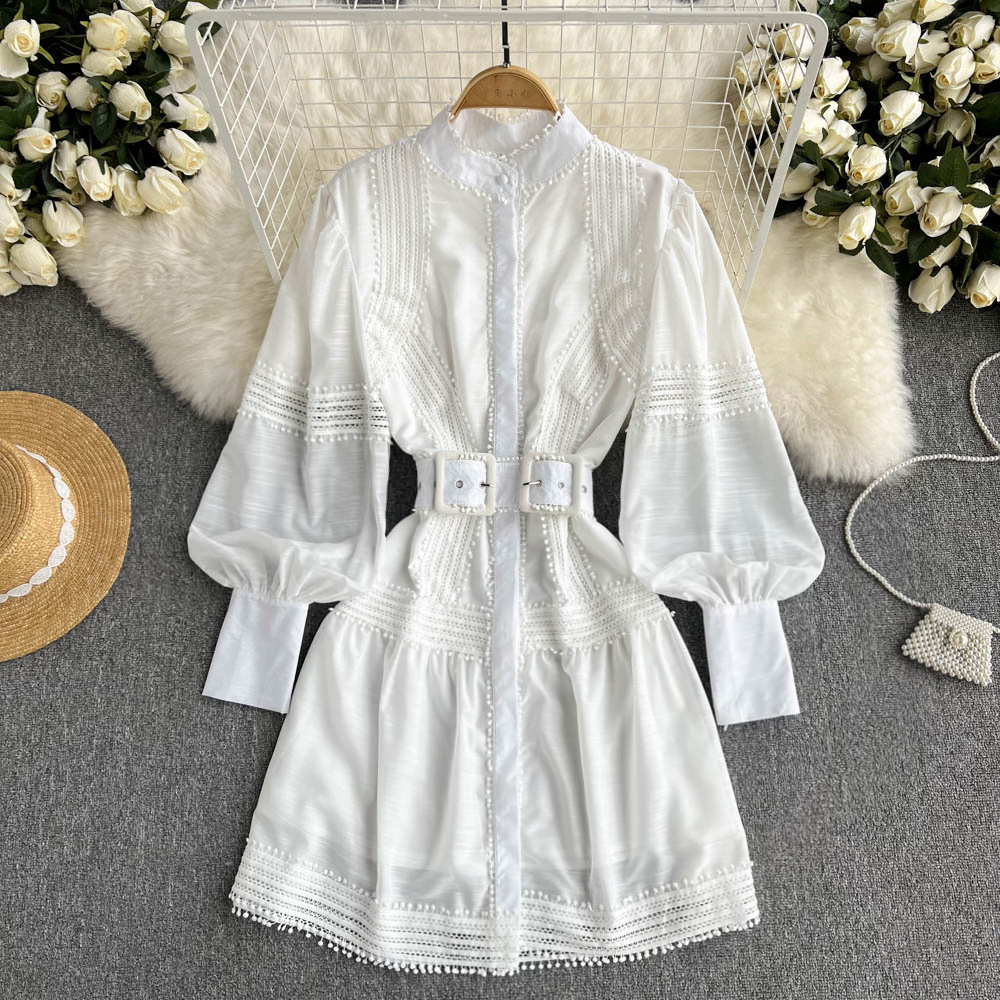 

Women's Casual Dresses High Quality New Fashion Autumn Stand Collar Single Breasted Long Lantern Sleeve Thin A-line Dress Elegant Vestidos 2022, Same as picture