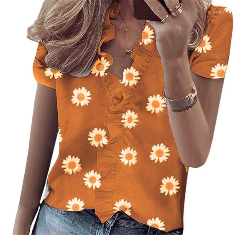 

New Women Shirt Fashion Printed Floral Shirts Elegant Ruffles Decor Blouse High Quality Short Sleeve Shirt for Ladies1, Yellow