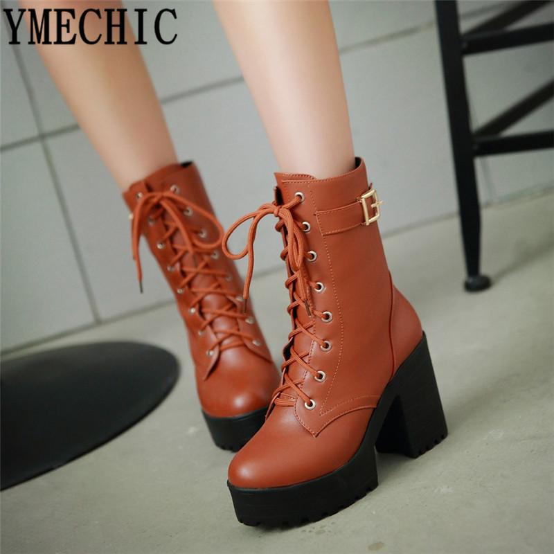 

YMECHIC Lady Yellow Brown Black Lace Up Block High Heels Platforms Ankle Booties 2020 Woman Punk Gothic Combat Boots for Women