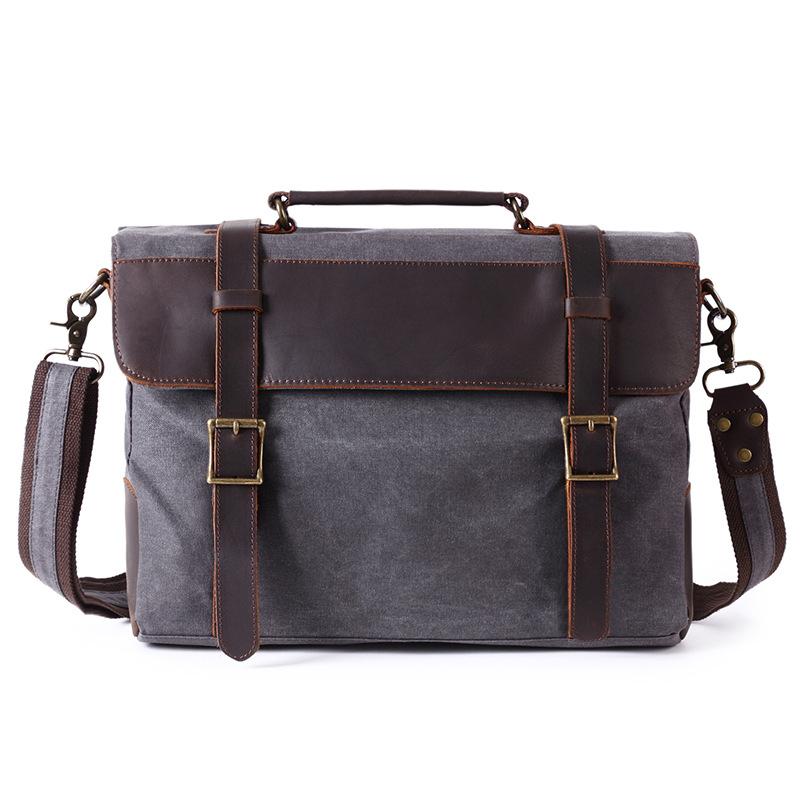 

Vintage Style Man Briefcase Canvas Male Shoulder Bag Working Handbag Messenger Bags Crazy Horse Leather Laptop Bags, Khaki