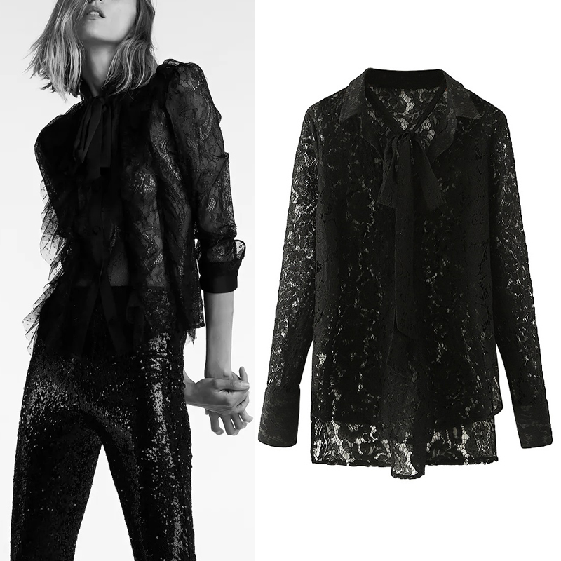 

2021 New Black Lace Women Bow Tied Collared Sexy Semi Sheer Long Sleeve Top Woman Embroidery Flower Elegant Blouse Ima1