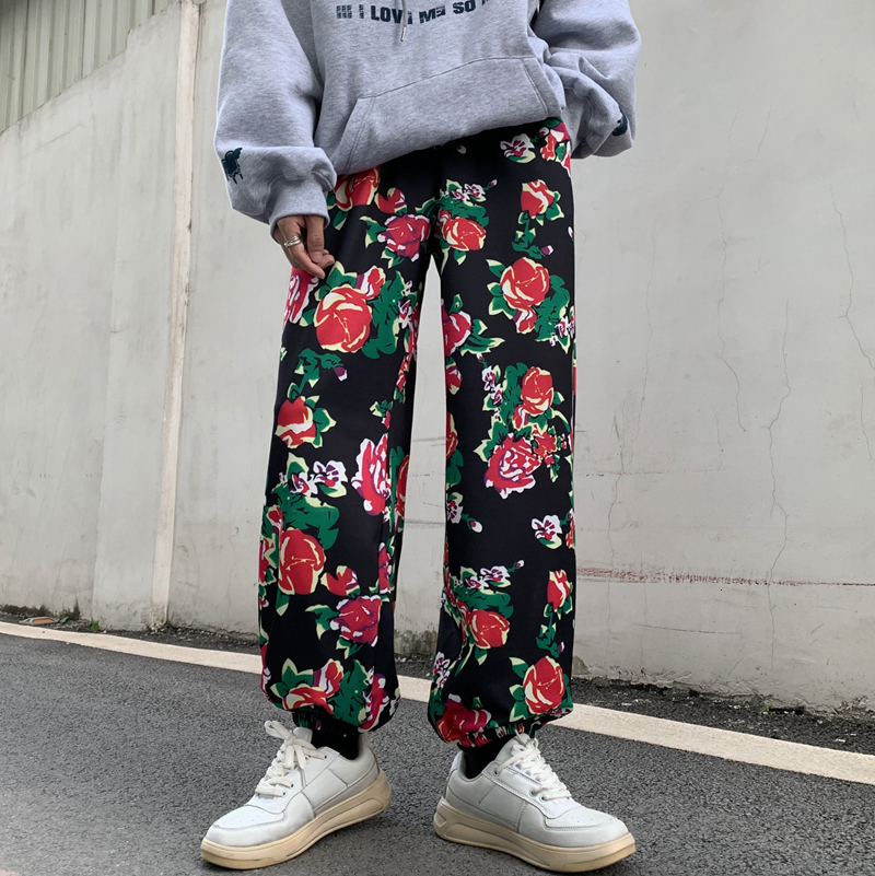 

2021 New Moletom Masculino Primavera Outono Novo Estilo Flor Feixe Abertura Bloomers Casuais Solto Masculinas e Femininas 33KF, Black