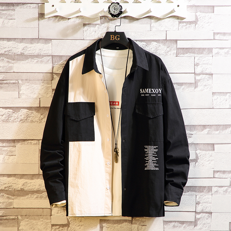 

Brand 2021 Spring Autumn Long Sleeves New Black White Collar Korea Style Patchwork Shirt for Men's Clothes Wv5h, Cs605 1