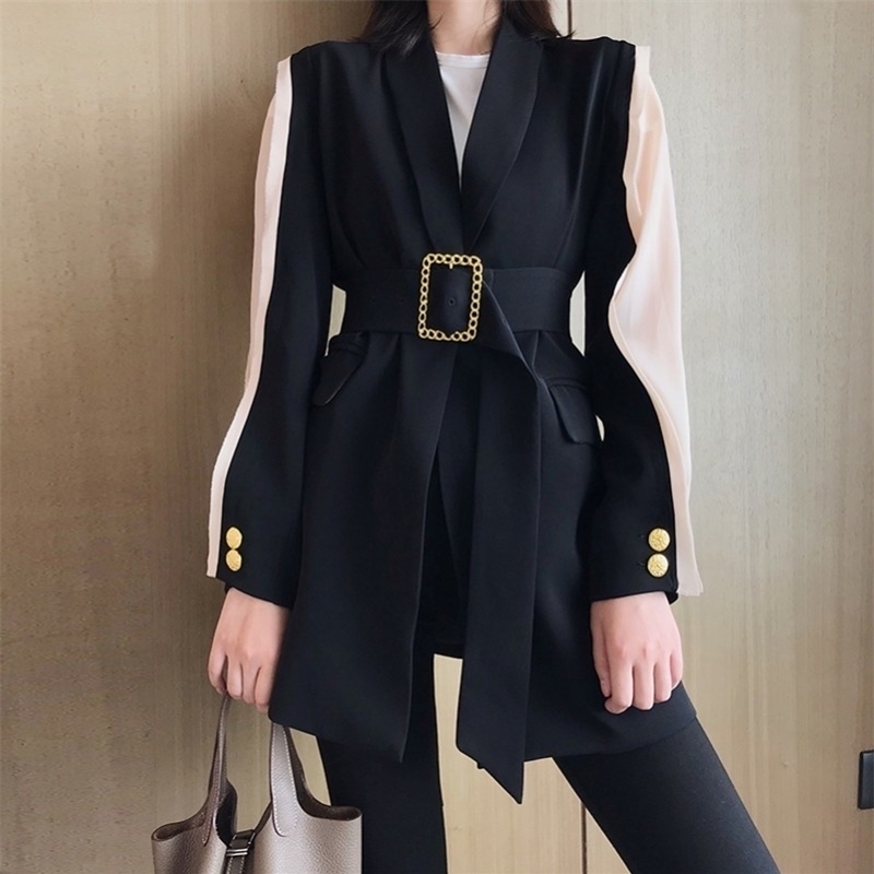 

Elegant Women's Blazer Patchwork Long Sleeve Tunic With Belt Waisted Autumn Long Blazers Female Fashion Clothing 201201, Picture color