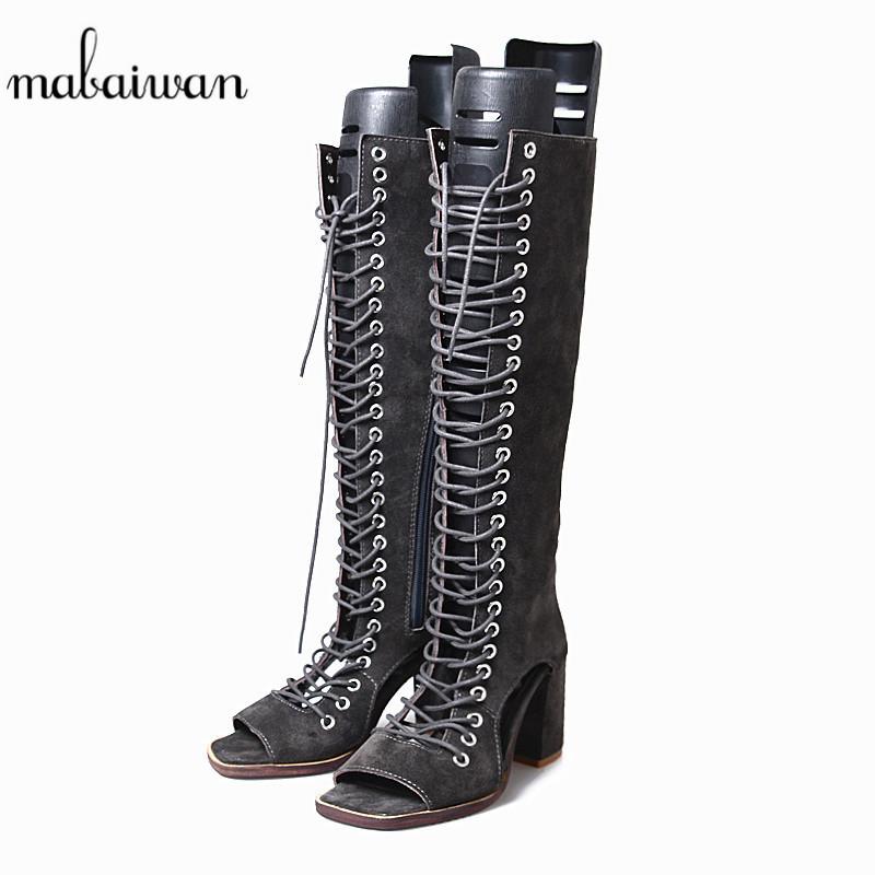 

Mabaiwan New Cowboy Knee High Women Summer Boots Genuine Leather Shoes Woman Thick High Heel Peep Toe Motorcycle Pumps, Dark grey