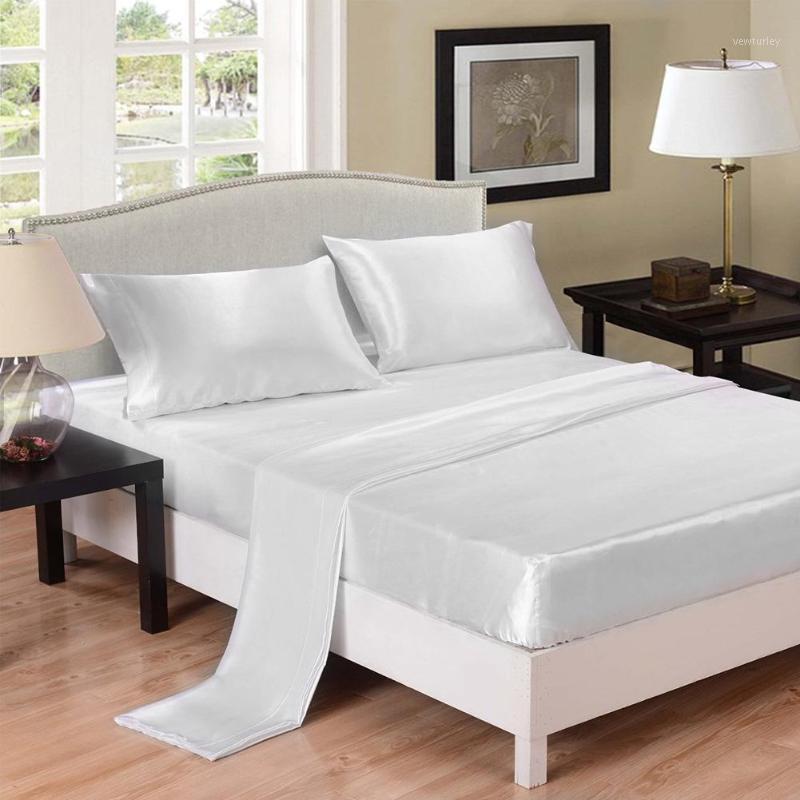 

13 New Style duvet cover Solid Color Imitated Silk Satin Sheet Set Bed Fitted Sheet Smooth Pillowcase Set King Size1, White