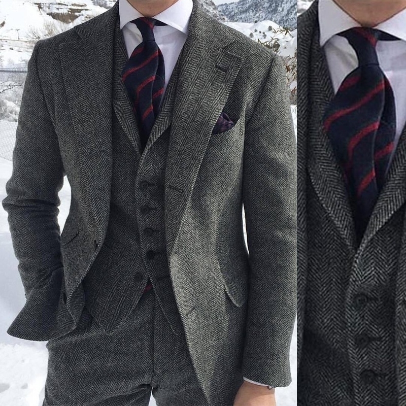 

Vintage Herringbone Men Suits For Wedding Formal Business Groom Tuxedo 3 Pieces Tweed Slim Fit Groom Wear (Jacket+Vest+Pants) 201123, As image