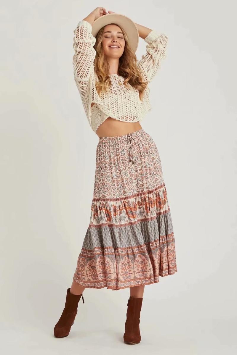 

2020 Summer New Midi Skirts Femme Rayon Printing Boho Skirts A-line Low Waist Fashion Hippie Flower Pleated Chic Skirt, Red