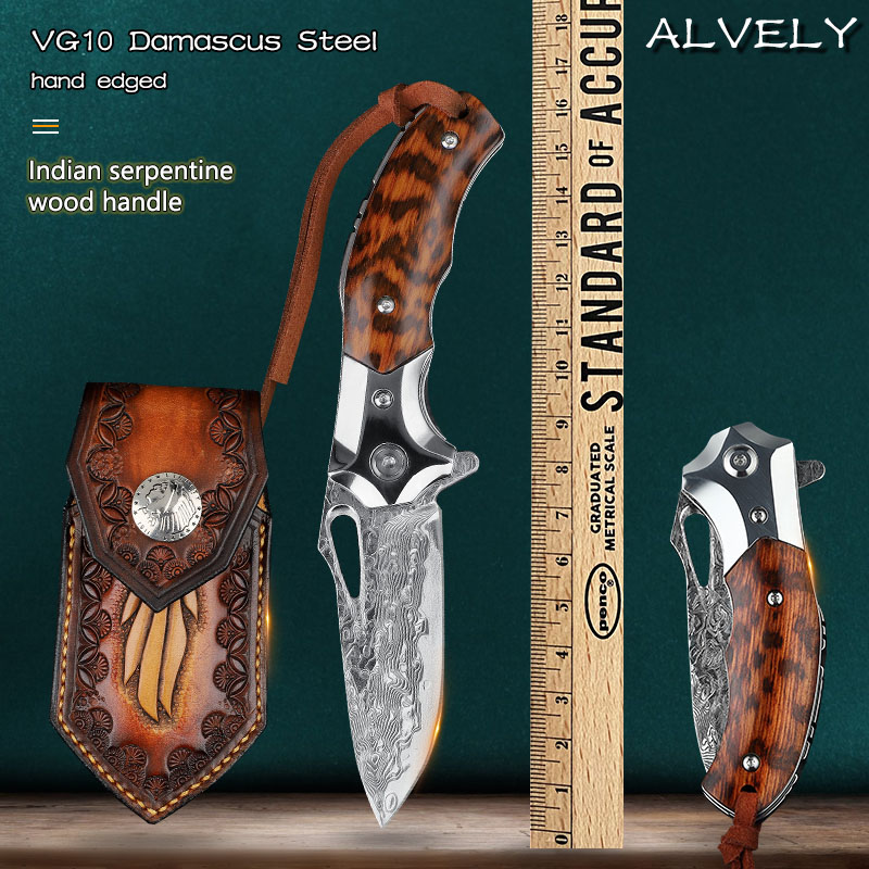 High Hardness VG10 Damascus Steel Outdoor Camping Hunting Fishing Survival Self Defense Multifunctional Portable Snake Wood Pocket Knife EDC Tool-image-626211562