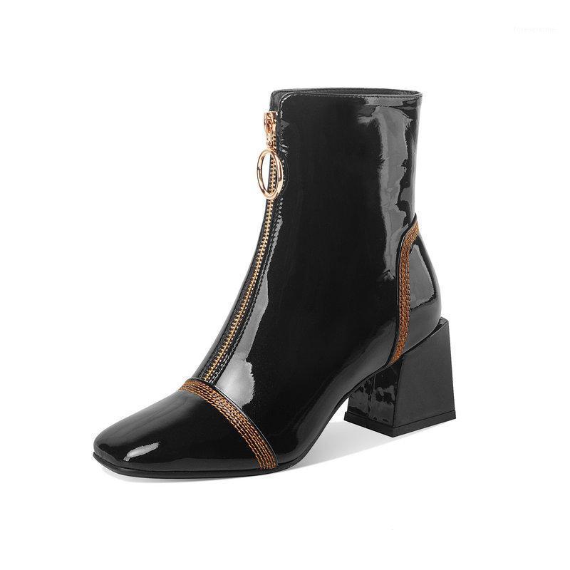 

Genuine Leather Thick high Heels ladies Ankle Boots 2020 Autumn Winter Concise zippers Shoes Woman Party Working Boots woman1, Black