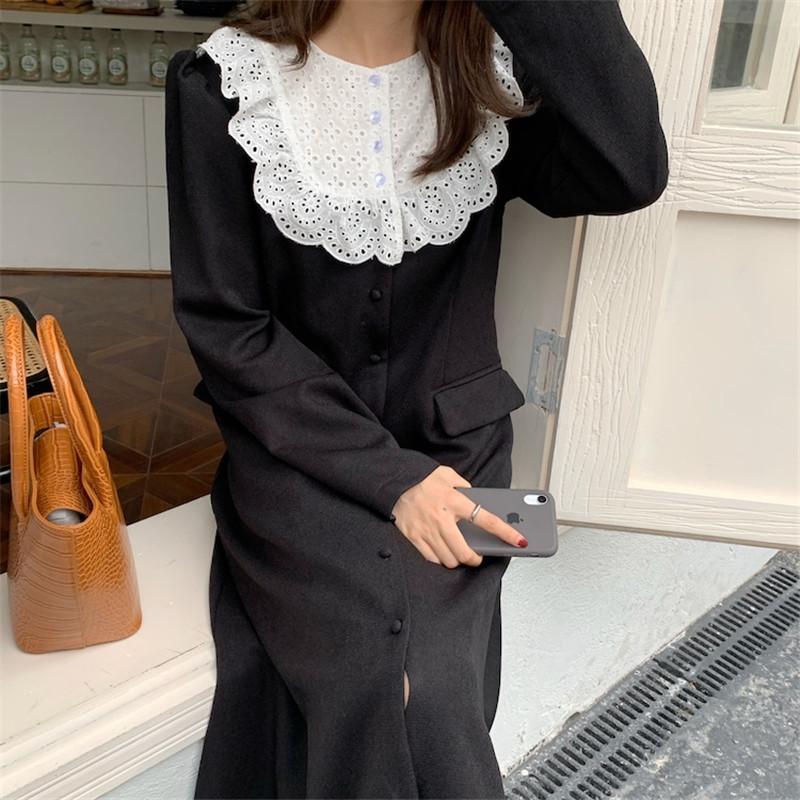

HziriP 2021 New Autumn Winter Women Dresses Vintage High Waist Elegant Embroidery Collar Long Sleeve Thick Black Maxi Dress