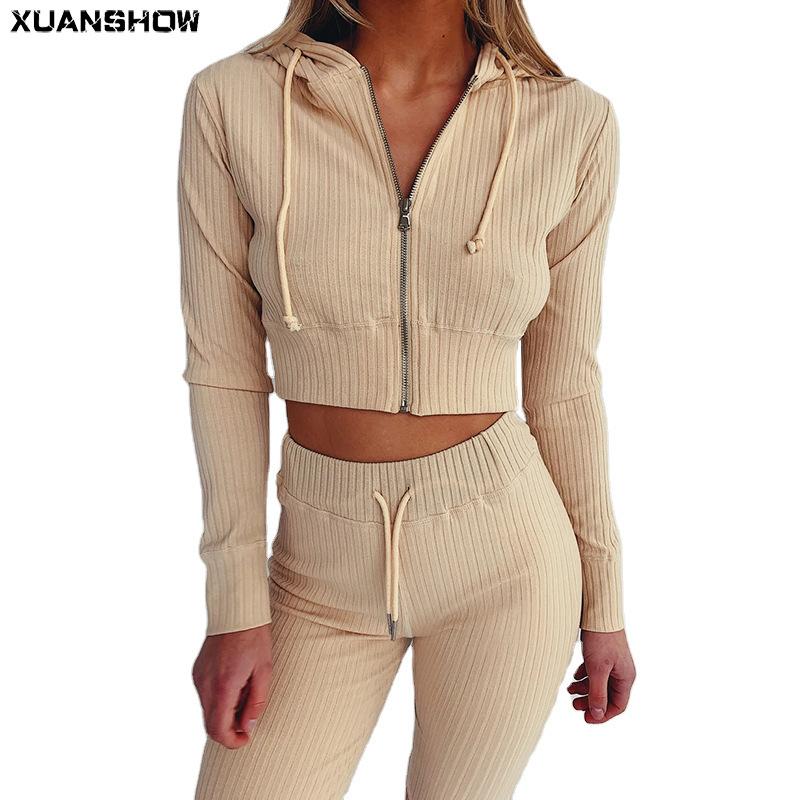 

2020 Autumn Tracksuit Womens Stripe Zipper Sexy Long Sleeve Crop Tops Hoodies+Long Pants Sportwear Clothes for Women, Khaki