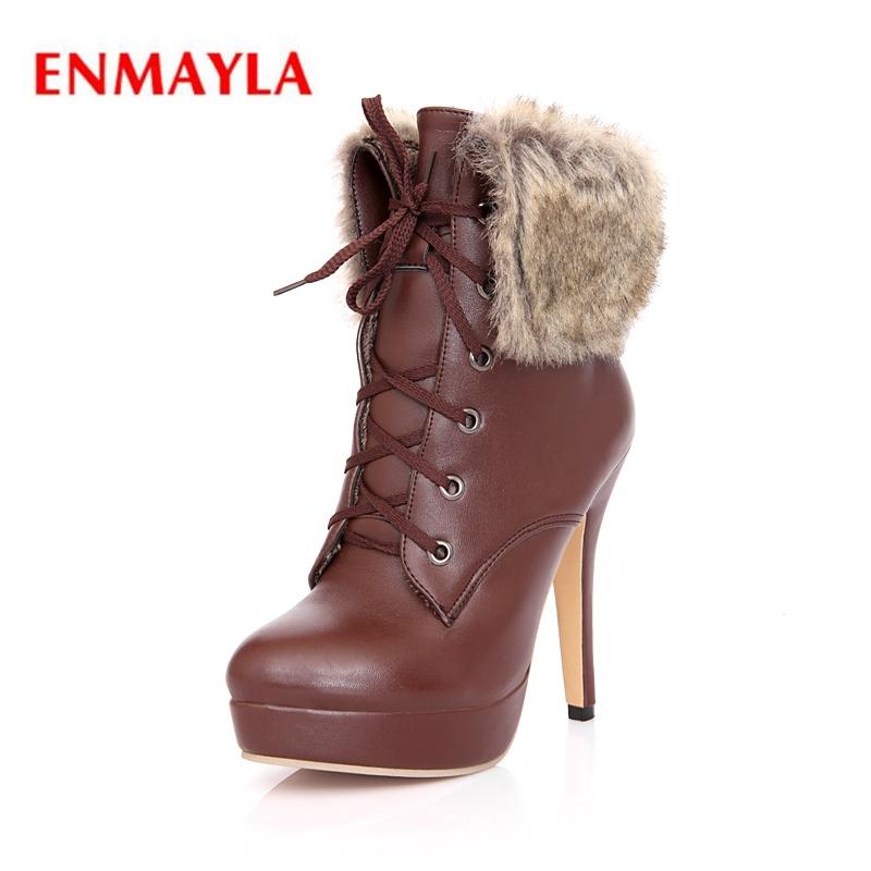 

ENMAYLA 2020 New fashion women pointed toe lace-up faux fur ankle boots lady high heel boots ZYL525, Black