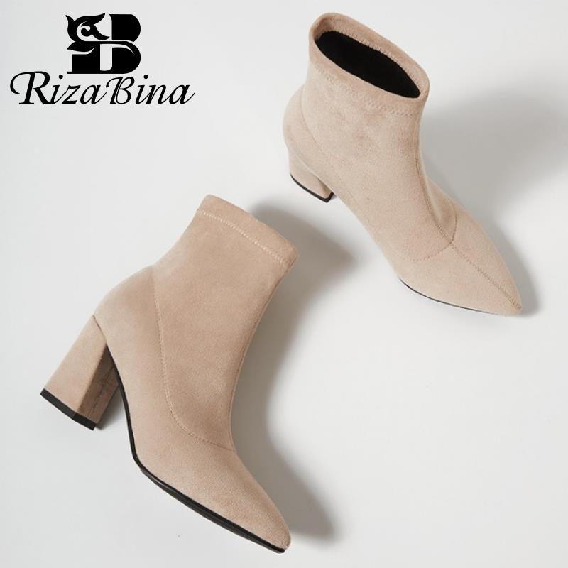 

RIZABINA Women High Heel Boots Real Leather Thick Heel Women Ankle Boots Fashion Elastic Woman Footwear Size 34-39, Black heel 5.5cm
