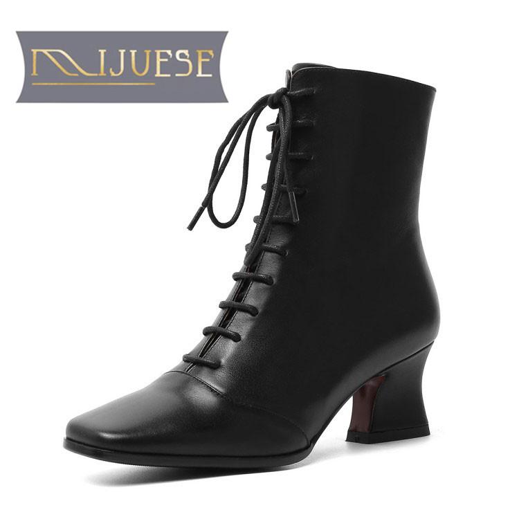 

MLJUESE 2021 women Ankle boots Cow leather winter short plush Square Toe Zipper Lace-Up Med heels female boots size 43, Brown
