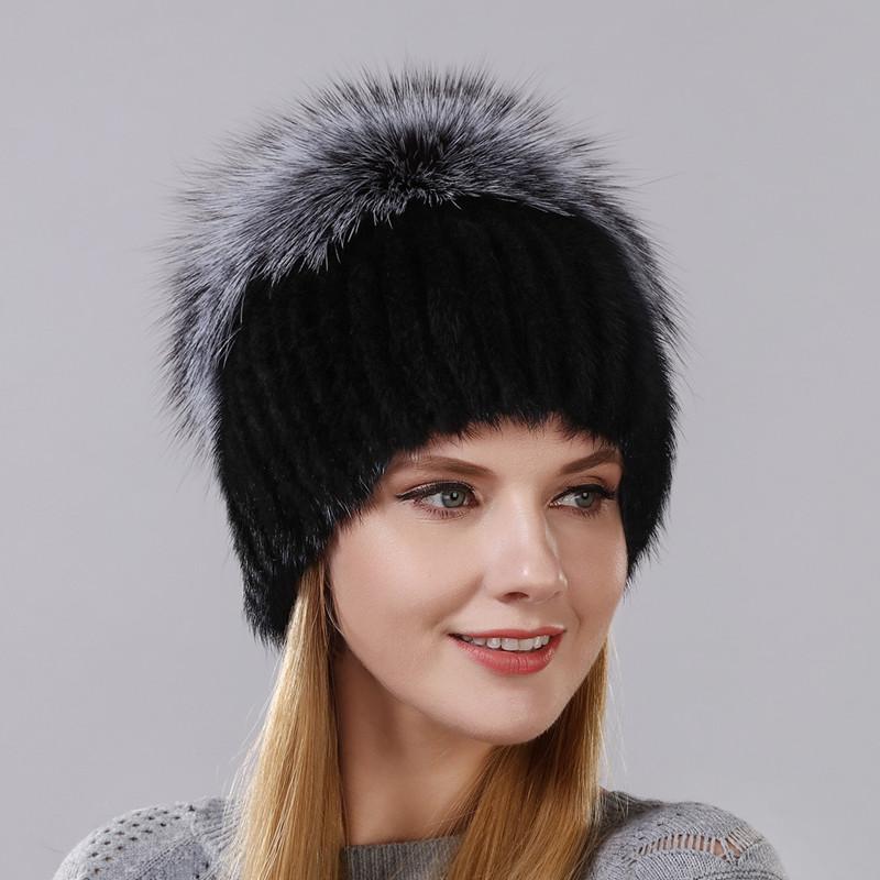 

Hot Style Female Cap For Women Winter Warm Hat Vertical Knitted Mink With Fluffy Silver Part Less On The Top Hat, 002