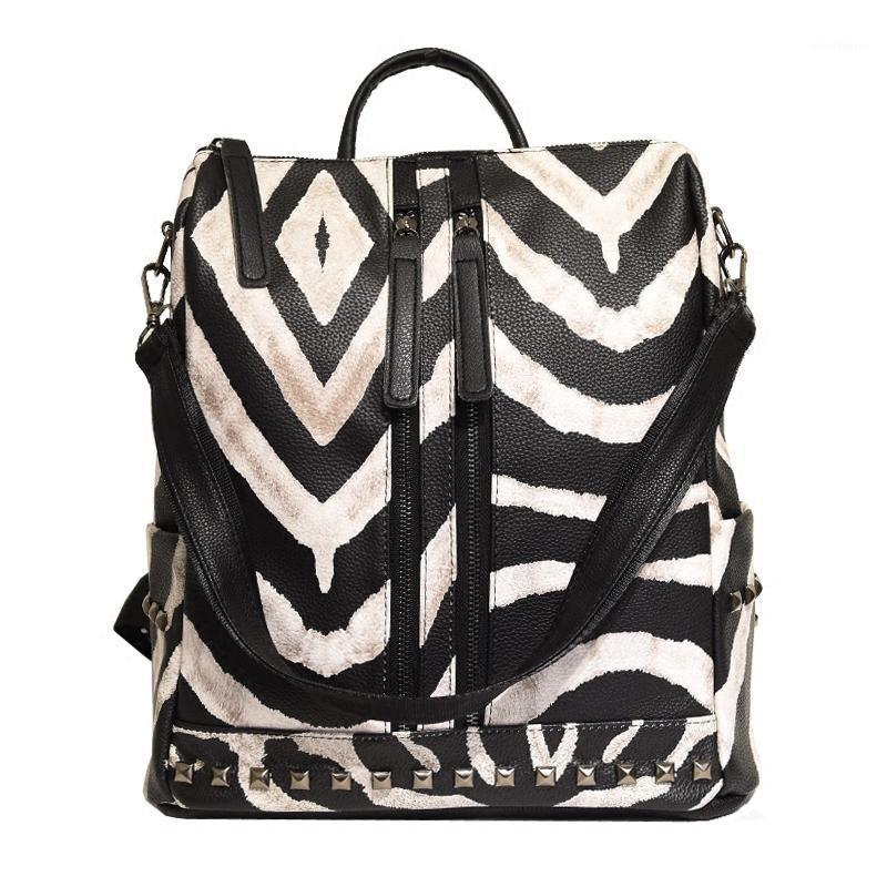 

2021 Women Pu Leather Big Backpack High Quality College Student School Bag Printed Leopard Zebra Large Men Bagpack Rock Studded1, Black