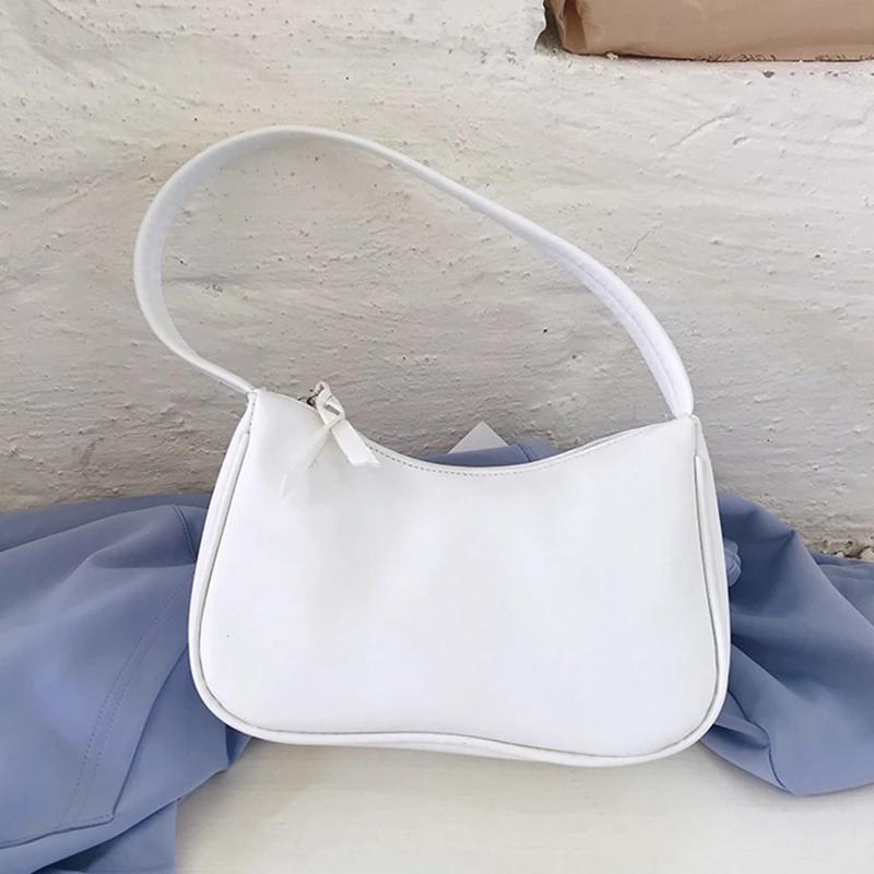 

for Vintage Baguette Women Bag Pu Leather Shoulder Bag Solid Color Armpit White French Subaxillary Designer Handbag, Black
