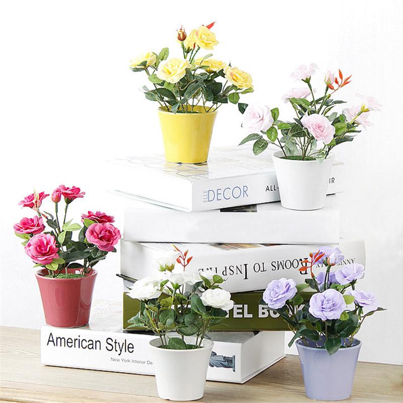 

1PC Artificial Flowers Bonsai Rose Rosaceae Silk Flower Potted flowerpot Wedding Home Decorative 4 Colors, Pink