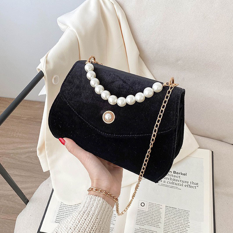 

77625 Elegant Velvet Designer Women Shoulder Bag Fashion Party Pearl Chain Crossbody Bags Handbag for Lady, Black