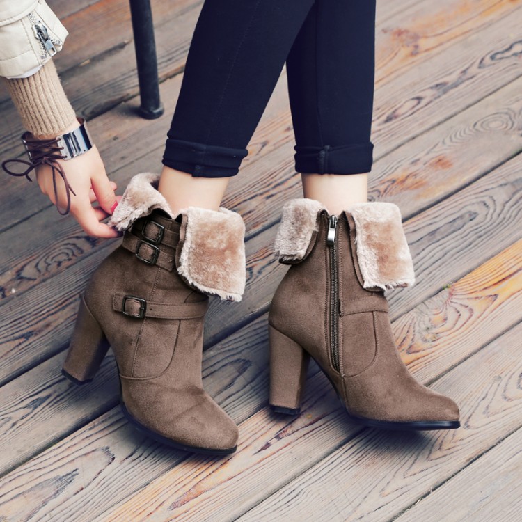 

YMECHIC Female Winter Boots Women Shoes Buckles Warm Black Gray Short Ankle Snow Boots High Heels Lady Thick Boot Plus Size 2020