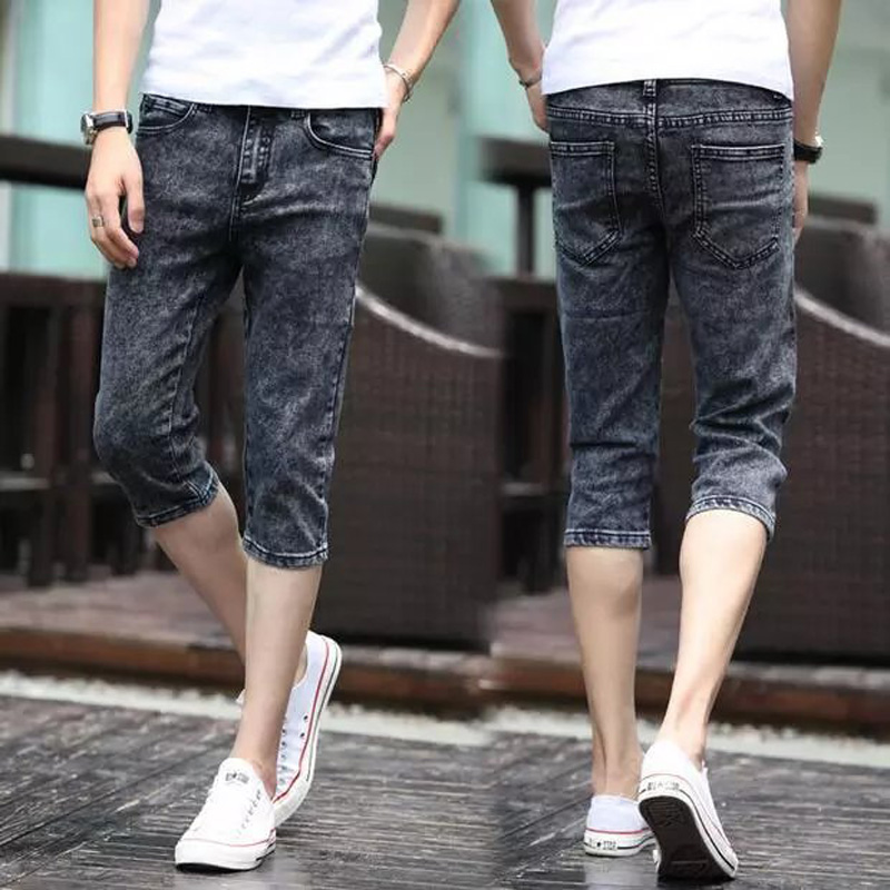 

Summer Thin 2021 Grey Stretch Denim Shorts Mens Jeans Slim Fit Man Cropped Trousers Small Feet Casual Pencil Short Pants for Men, Gray