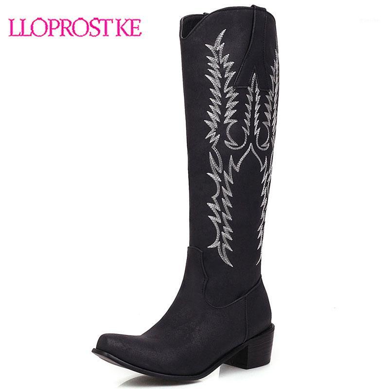 

Lloprost ke 2020 new knee high boots women embroider round toe square heel casual shoes fashion european western boots woman1, Black