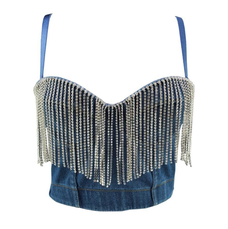 

New Denim Bustier Tassel Diamond Push Up Night Club Bralette Top Cut Bra Plus Size Q847 Au3m, Short tassel