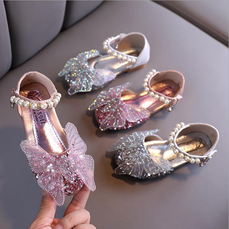 

2021 Large Pearl Bow Tie Kids Shoes for Girl Princess Beading Mary Jane Shoes Bling Prom Children Girls Designer Shoes, Pink