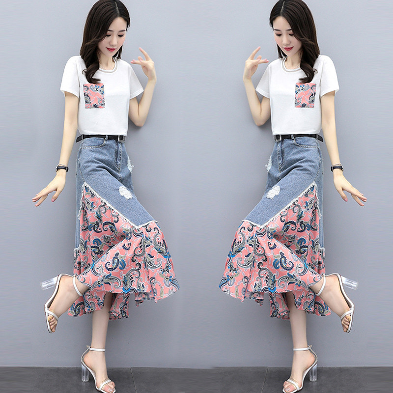 

2021 New Summer Fashion Women's Chic Short Sleeve Cotton Tshirt +irregular Denim Skirts 2 Piece Suit Lady Jeans Skirt Sets Hnfz, Blue