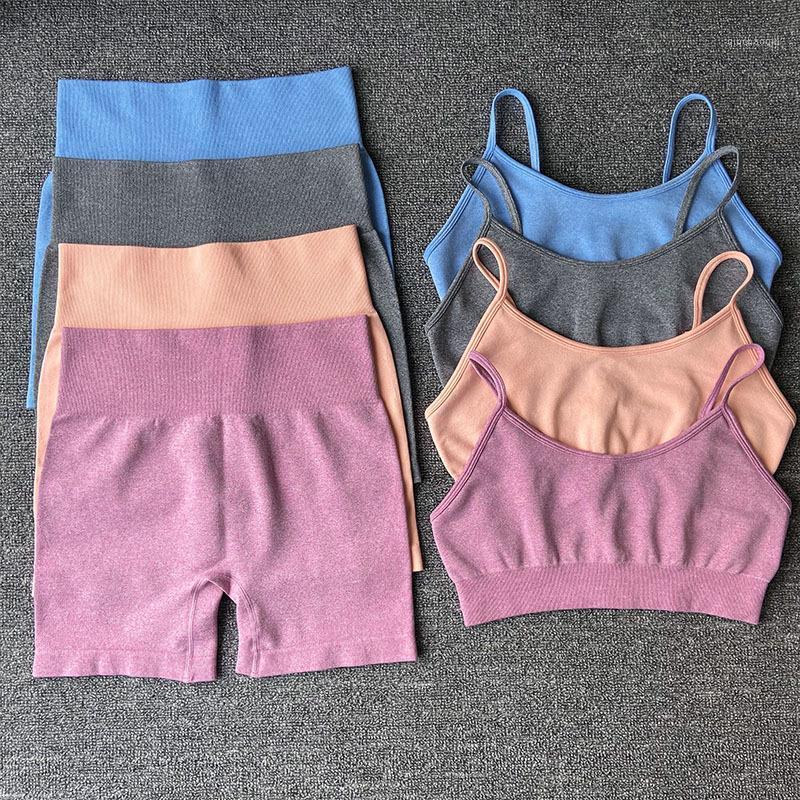 

CHRLEISURE Women Solid Color Yoga Set Fitness Quick Dry Sports Bra and Short Leggings Sports Suits Tight Gym Athletic Clothing1, Pink yoga set