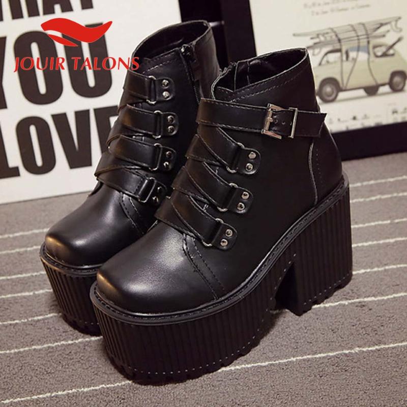

JOUIR TALONS High Quality Hot Sale Women Shoes Gothic Round Toe Buckle Straps High Heels Platform lace-up Ankle Women Booties, Black