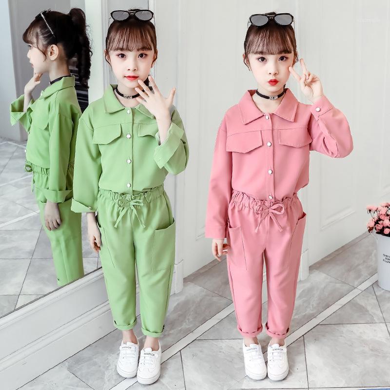 

Clothing Sets Toddler Girl Clothes Set For Spring Autumn Cargo Sports Suit Teenagers Children Solid Color Tracksuit Green Shirt Set1