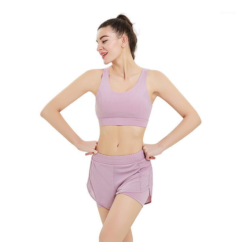 

Women' knitted suit with mesh hole in the back Sports Shorts Set sports underwear training suit yoga fitness1, Pink set 2pcs