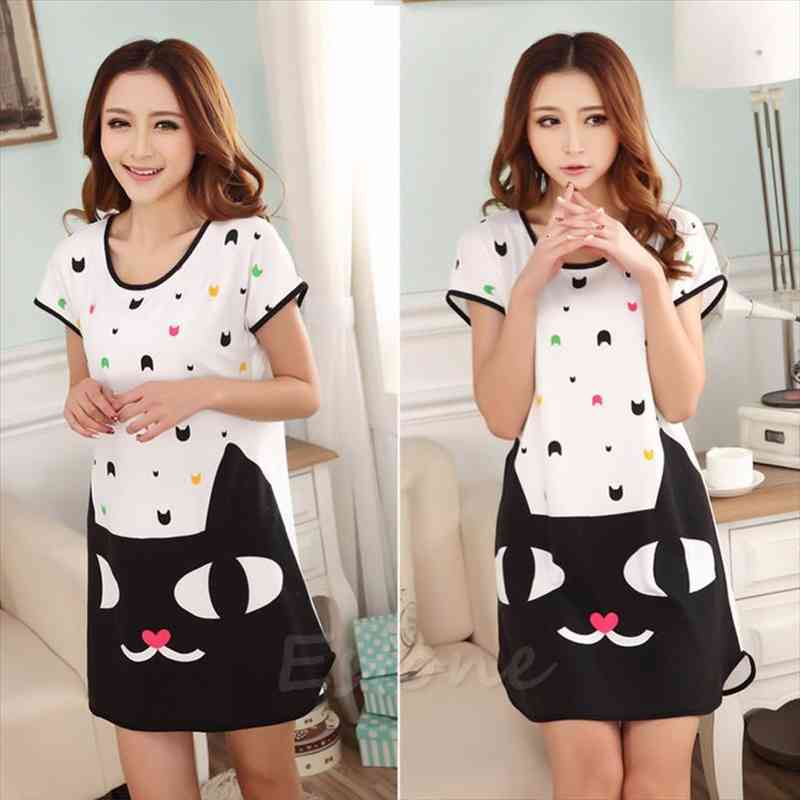 

Fashion Women Cute Cartoon Polka Dot Sleepwear Short Sleeve Sleepshirt Sleepdress 10 Styles, Black;red