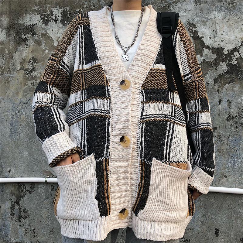 

Korean Clothes Retro V-neck Cardigan Men Patchwork Plaid Loose Casual Simple Fashion All-match Men Men's Knit Winter Coats1, White