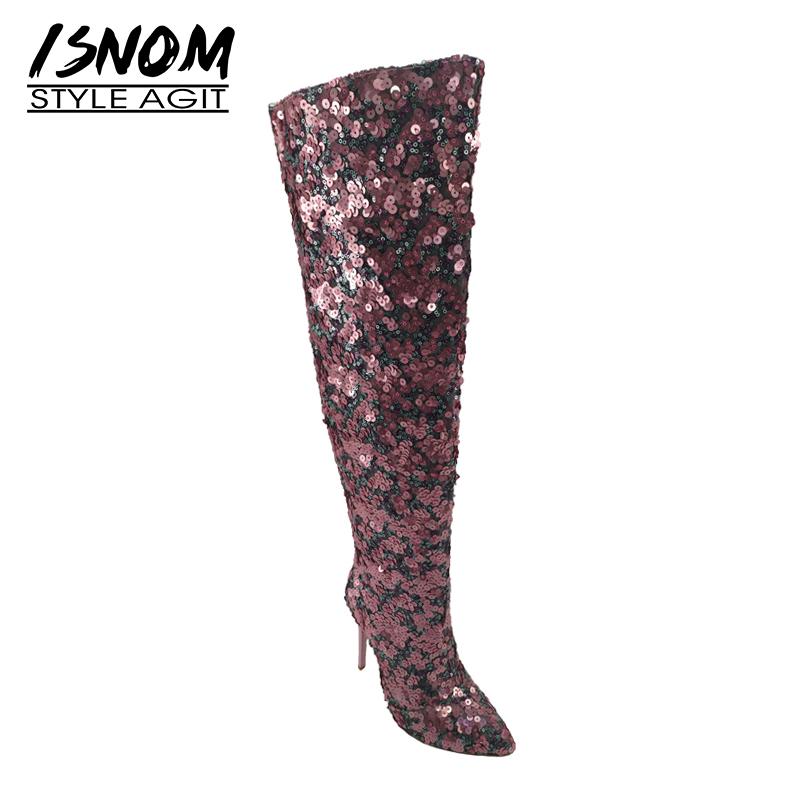 

ISNOM Sequined Cloth Women Boots Pointed Toe Zip Footwear Ladies Bling Boot Fashion Over The Knee Party Shoes Woman 2020 Autumn, Pink
