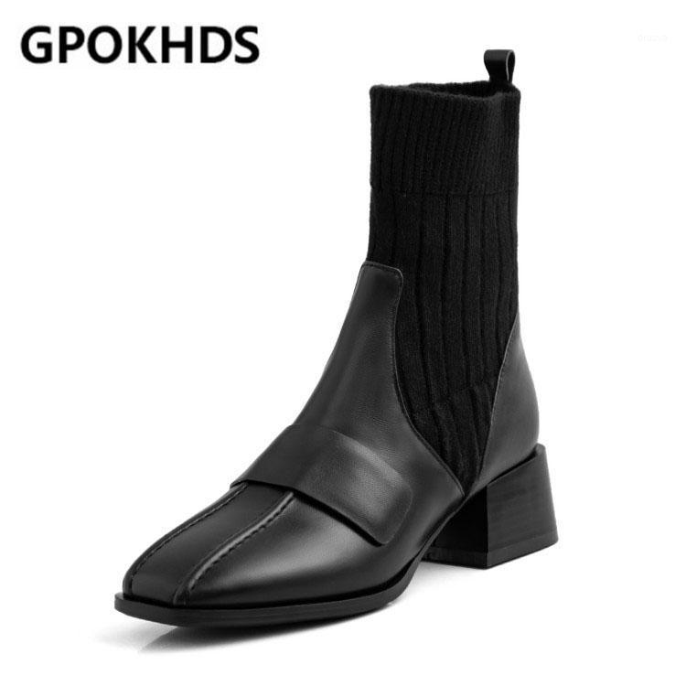 

GPOKHDS 2021 women Ankle boots Cow leather winter short plush Square Toe knitted Med heels female boots size 431, Black