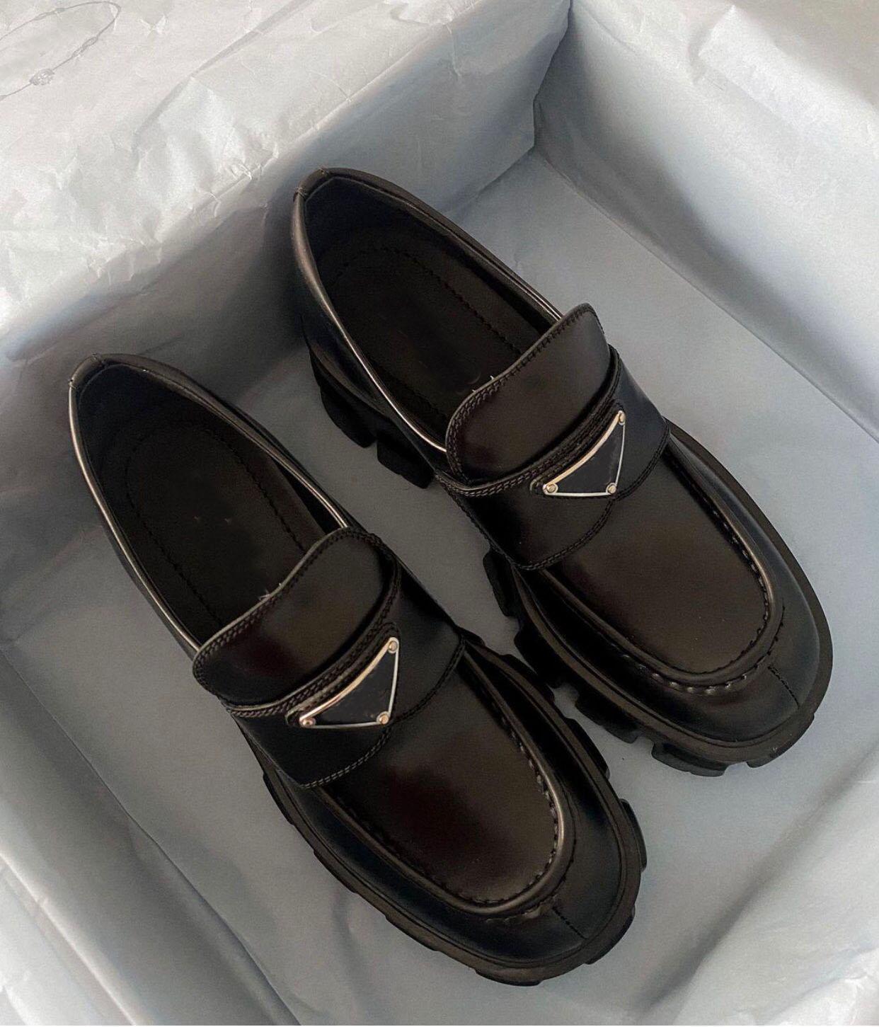 

[Original Box]Designer Monolith Women's Loafers Shoes Chunky Sole Platform Sneakers White Black Triangle Logo Brushed Leather Pointed 1Top