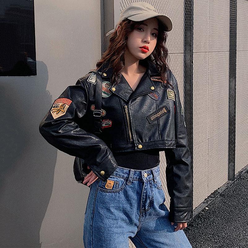 

Fashion Hip Hop short pu leather coat female Black Epaulette applique Zippers retro leather jackets women 2020 Spring New PY171
